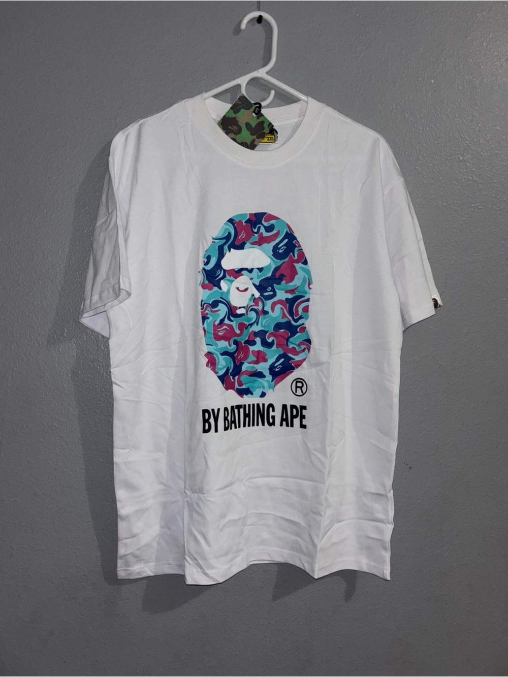 BAPE White Short-Sleeve Tee with Multicolor Blue Camo Ape Head